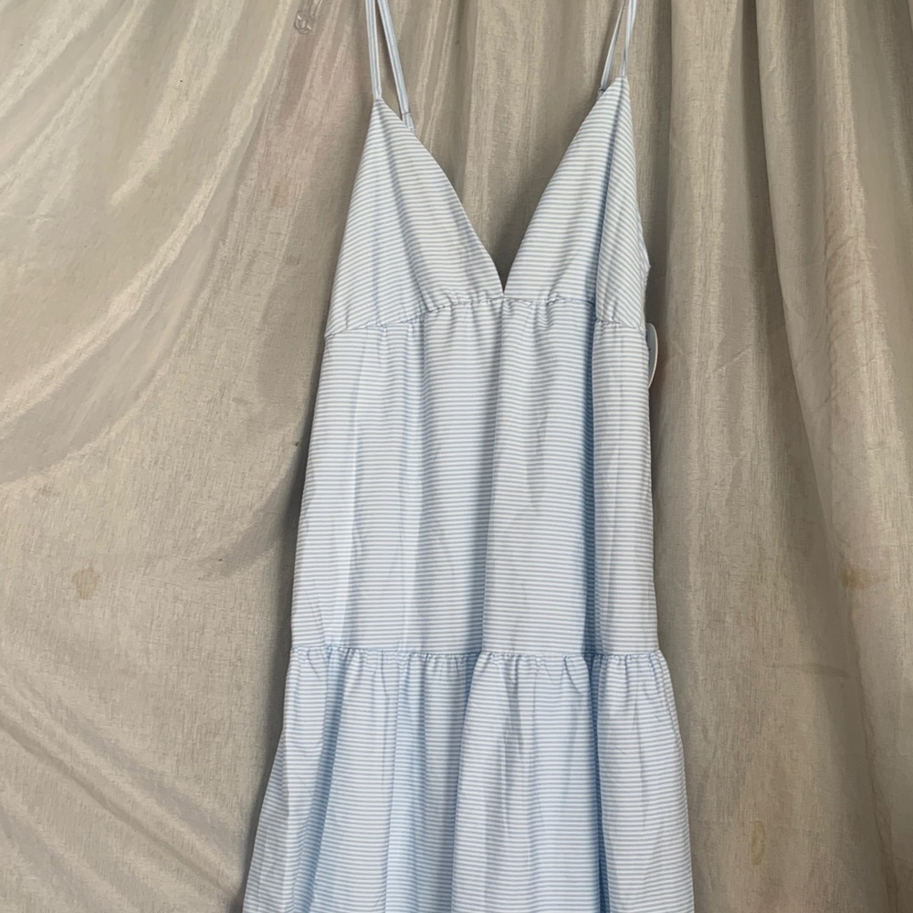 Light Blue Striped Spaghetti Strap Mini Dress